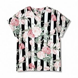 4/$20 Vintage Russ USA Floral Stripe Blouse Top Size 14 Black White Pink